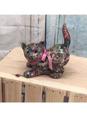 Joan Baker Patchwork Cat Figurine Pink Bow Paisley Print Ring Holder Collectible